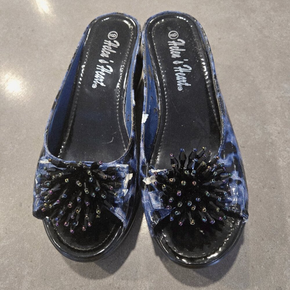 HELEN'S HEART Women's Leopard Blue/Mix Print Platform Slide w/ Beading - Size 9M